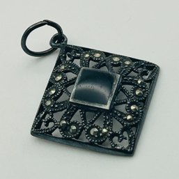Signed Sterling Onyx Marcasite Pendant 3.1g