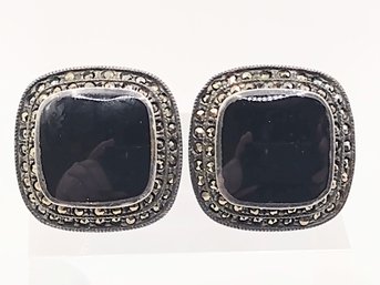 Signed Sterling Silver Onyx Marcasite Post Earrings 11.2G