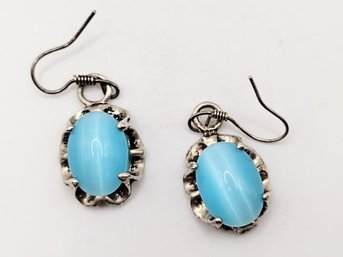 Sterling Silver Blue Tiger Eye Dangle Hook Earrings 5.7G