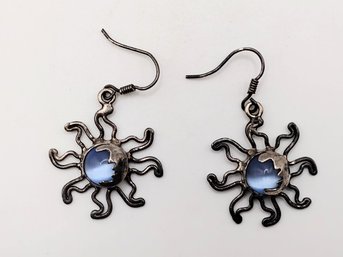 Sterling Silver Sun Moon Tiger Eye Dangle Hook Earrings 7.7G