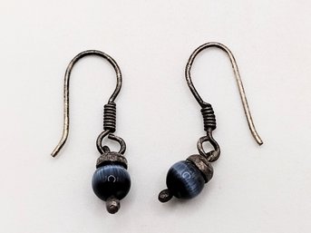 Sterling Silver Blue Tiger Eye Dangle Hook Earrings 1.9G