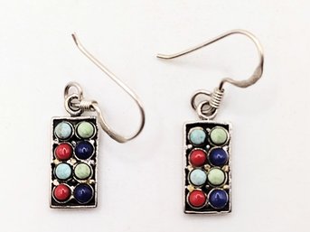 Sterling Silver Multi Stone Dangle Hook Earrings 3.1G