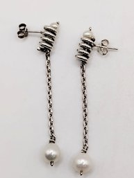Sterling Silver Pearl Dangle Post Earrings 5.7G