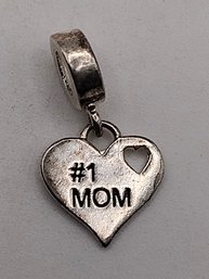 Sterling Silver #1 Mom Heart Dangle Bead Pendant 1.6G