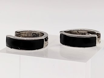 Sterling Silver Onyx Hoop Earrings 3.3G