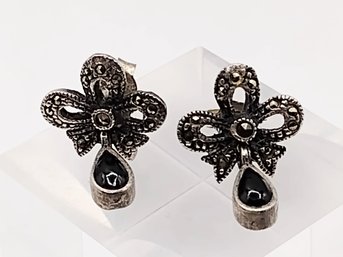 TJY Sterling Silver Onyx Marcasite Dangle Post Earrings 2.9G