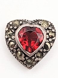 Sterling Silver Garnet Marcasite Heart Pendant 1.2G