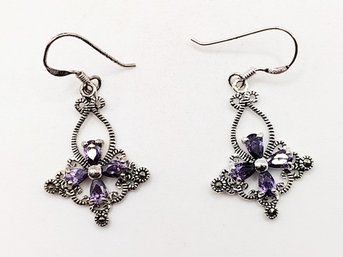 MO Sterling Silver Purple Stone Dangle Hook Earrings 3.9G