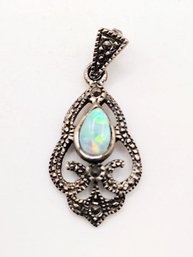 MO Sterling Silver Opal Marcasite Pendant 1.6G