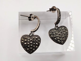 SLC Sterling Marcasite Heart Dangle Post Earrings 4.6G