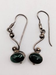Sterling Silver Malachite Dangle Hook Earrings 4.1G