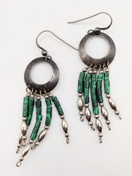 Sterling Silver Malachite Dangle Hook Earrings 6.6G