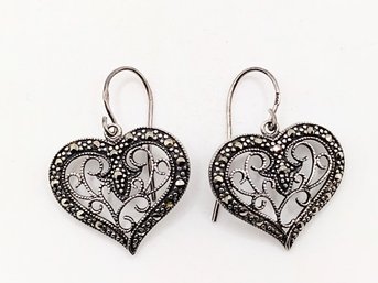 Sterling Silver Marcasite Heart Dangle Hook Earrings 4.8G