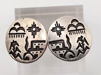 Shube Sterling Silver Zia Pueblo Sun Scene Post Earrings 8.6G