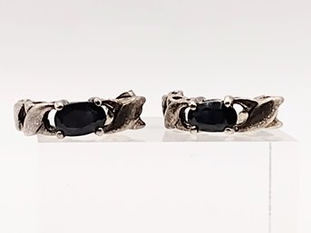 Sterling Silver Sapphire Semi Hoop Post Earrings 2.7G