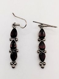 Sterling Silver Garnet Dangle Hook Earrings 6.4G
