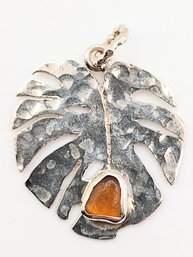 Signed Sterling Silver Fern Leaf Orange Stone Pendant 5.2G