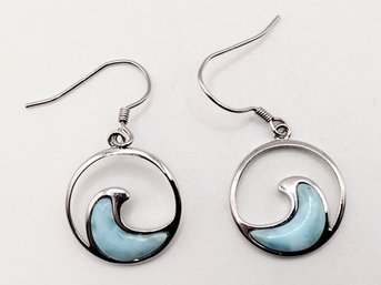 Aloha Sterling Silver Larimar Wave Dangle Hook Earrings 3.8G