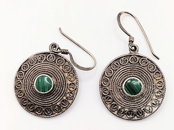 Sterling Silver Malachite Dangle Hook Earrings 6.4G