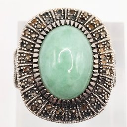 CNA Sterling Silver Jade Marcasite Ring SZ 10.75 13.7G