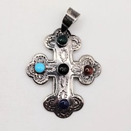 Sterling Silver Multi Stone Cross Pendant 3.6G
