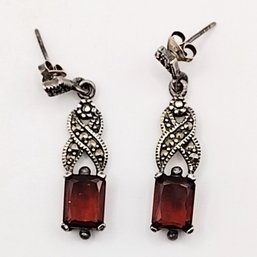 Sterling Silver Multi Red Stone Dangle Post Earrings 5.6G