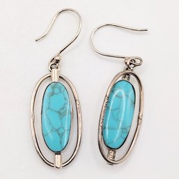 V Sterling Silver Abalone Turquoise Dangle Hook Earrings 7.3G