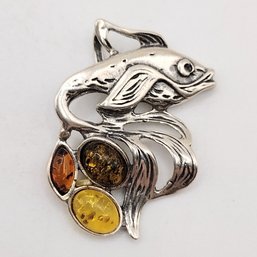 KL Sterling Silver Amber Fish Pendant 4.2G