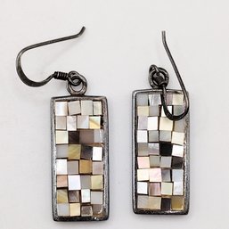 Signed Sterling Silver Mosaic Mother Of Pearl Dangle Hook Earrings 7.9G
