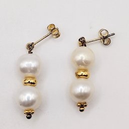Gold Over Sterling Silver Pearl Dangle Post Earrings 5.9G