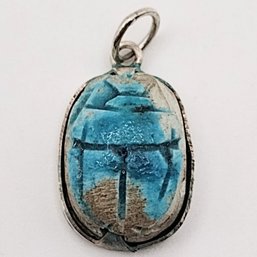 Signed Sterling Silver Ceramic Scarab Pendant 4.5G