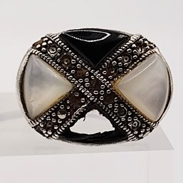Sterling Silver Onyx Mother Of Pearl Ring SZ 8.5 8.9G