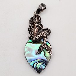 Signed Sterling Silver Mermaid Abalone Pendant 5.6G