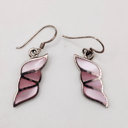 Sterling Silver Pink Mother Of Pearl Inlay Dangle Hook Earrings 4.9G