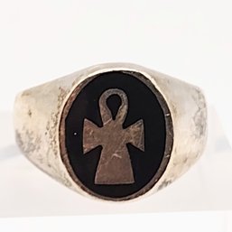Sterling Silver Enamel Ankh Signet Ring SZ 10 12.7G