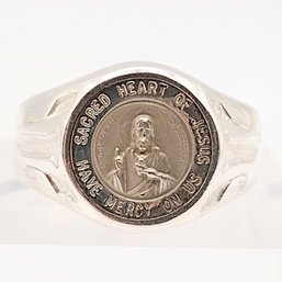 F Sterling Silver Signet Sacred Heart Of Jesus Have Mercy On Us Ring SZ 8 5.5G