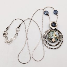 Sterling Silver Chain Necklace With Gemstones And Roman Glass Pendant 8.2G