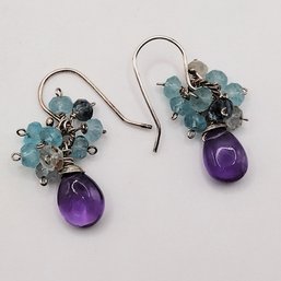 Sterling Silver Bead Amethyst Dangle Hook Earrings 4G