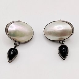 Signed Navajo Sterling Silver Pearl Gemstone Dangle Post Earrings 6.4G