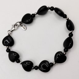 Signed Sterling Silver Glass Heart Bead Bracelet 14.9G