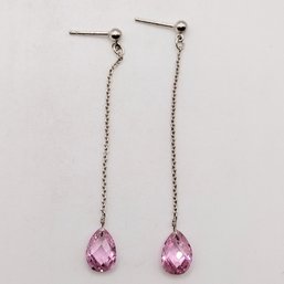 Sterling Silver Pink Glass Bead Dangle Post Earrings 2.1G