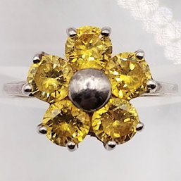 Sterling Silver Yellow Stone Floral Ring SZ 8 3.7G