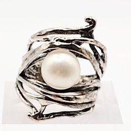 Sterling Silver Pearl Ring SZ 8 8.5G