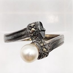 CW Sterling Silver Pearl Marcasite Multi Stone Ring SZ 8.75 4G