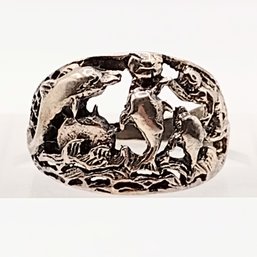 Sterling Silver Dolphin Scene Ring SZ 5.5 3.6G