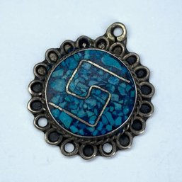 Sterling Aztec Crushed Turquoise Inlay Pendant 3.24g