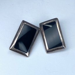 Sterling Black Onyx Inlay Rectangle Clip On Earrings 6.32g