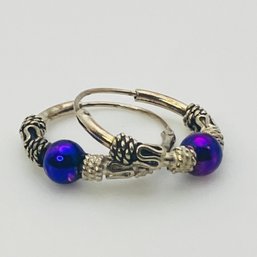 Sterling Purple Stone Bali Style Hoop Earrings 1.5 G