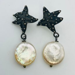 Sterling Mother Of Pearl Starfish Dangle Earrings 5.8 G