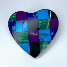 Signed Sterling Mexico Multi Stone Inlay Heart Pendant 15.4g